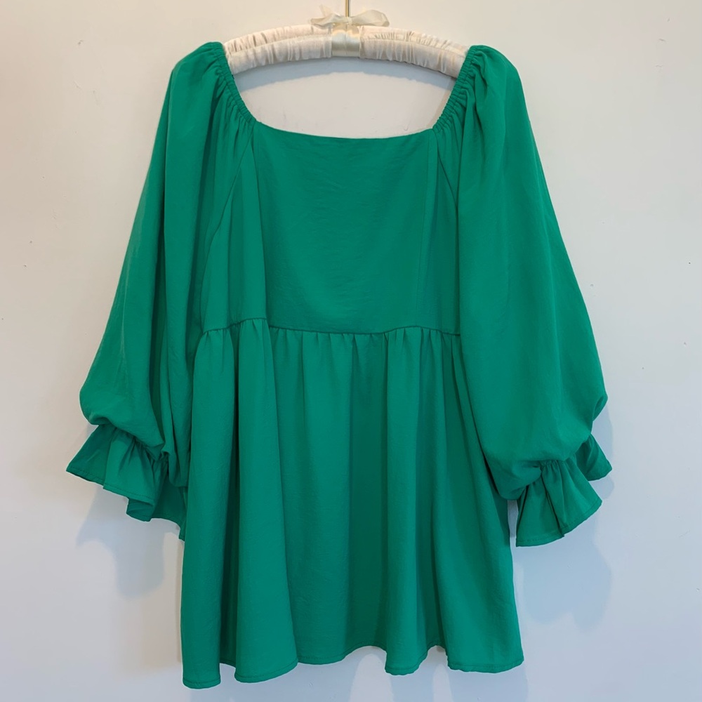 Entro Puffy Sleeve Babydoll Top Jade Green 1X